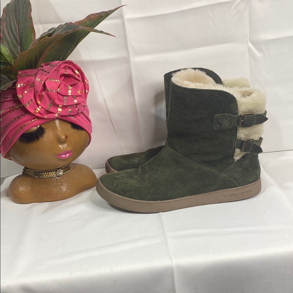 Koolaburra By Ugg Dark Green Suede Boots With Shearling